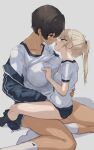  2girls black_buruma black_hair blonde_hair blue_eyes blush breasts brown_hair buruma carrying carrying_person couple dark-skinned_female dark_skin eye_contact girl_on_top gym_uniform height_difference highres incoming_kiss kei_(m_k) large_breasts long_hair looking_at_another m_k multiple_girls open_mouth original ponytail red_eyes rika_(m_k) short_hair simple_background sitting sitting_on_lap sitting_on_person size_difference straddling sweat tall tall_female tan tomboy tongue tongue_out upright_straddle yuri 
