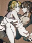  2girls akagi_ritsuko blonde_hair breasts brown_hair green_eyes highres ibuki_maya lab_coat lipstick makeup multiple_girls neon_genesis_evangelion open_mouth sadoangel1 short_hair yuri 