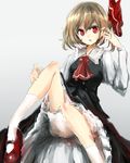  ascot bad_id bad_pixiv_id black_skirt black_vest blonde_hair bloomers gradient gradient_background grey_background hair_ribbon hair_tousle looking_at_viewer playing_with_own_hair red_eyes red_footwear ribbon rumia shoes short_hair sitting skirt solo swav touhou underwear vest white_legwear 