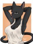 anthro big_breasts black_body black_fur breasts cat_tail clothed clothing domestic_cat felid feline felis female first_person_view fur hi_res mammal rizal_ok solo sportswear tongue tongue_out white_clothing