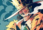  1boy absurdres afro brook_(one_piece) close-up collared_shirt crown english_commentary feather_boa hat highres male_focus one_piece shirt skeleton smoke solo sunglasses trope_art twitter_username 
