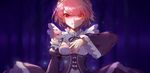  angry baisi_shaonian clenched_teeth commentary crying crying_with_eyes_open detached_sleeves frilled_sleeves frills hair_ornament light_particles looking_at_viewer maid maid_headdress nail_polish night pink_hair pink_nails ram_(re:zero) re:zero_kara_hajimeru_isekai_seikatsu red_eyes short_hair solo tears teeth tree upper_body x_hair_ornament 