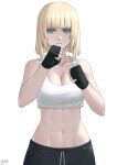  1girl bare_arms bare_shoulders black_gloves blonde_hair blue_eyes blunt_bangs breasts cleavage clenched_hands commentary crop_top fingerless_gloves gloves hands_up highres looking_at_viewer medium_hair midriff navel original simple_background solo sports_bra sthreep stomach upper_body white_background 
