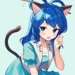  144udy 1girl animal_ears blue_background blue_dress blue_eyes blue_hair blush breasts cat_ears cat_tail cleavage commentary_request dress drill_hair drill_sidelocks hair_ornament hair_rings hair_stick highres kaku_seiga long_hair looking_at_viewer open_clothes open_mouth open_vest puffy_short_sleeves puffy_sleeves short_sleeves sidelocks smile solo tail touhou vest white_vest 