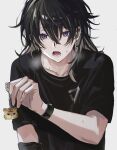  1boy bishounen black_hair black_shirt blue_eyes bracelet breath charm_(object) collarbone cross cross_earrings crossed_bangs daenarys drop_earrings ear_piercing earrings grey_background hair_between_eyes holding_charm jewelry long_hair looking_at_viewer male_focus multicolored_hair open_mouth original piercing shirt short_sleeves simple_background solo streaked_hair sweat t-shirt teeth tiger upper_body 