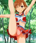  1girl brown_hair cameltoe cheerleader misaka_mikoto navel one_eye_closed one_leg_raised panties pantyshot pantyshot_(standing) park pink_panties short_hair smile solo standing standing_on_one_leg to_aru_kagaku_no_railgun tree wink 