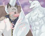 anthro canid canine canis censored clothing duo erection eyes_closed fenrir_(sacrificial_princess) genitals hyena japanese_sound_effects lanteveldt male male/male mammal mosaic_censorship muscular nude one_ear oral penis sacrificial_princess_and_the_king_of_beasts wolf