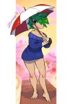 anthro barefoot big_breasts blue_eyes breasts clothing cricetid detailed_background feet female green_hair hair hi_res lemming lemmings mammal rodent solo sweater thick_thighs topwear umbrella zummeng