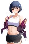 1girl alternate_hairstyle armpit_crease bare_shoulders black_hair black_shorts blue_jacket blush bob_cut boku_no_kokoro_no_yabai_yatsu breasts brown_eyes cleavage collarbone commentary cowboy_shot dolphin_shorts floating_hair grin highres jacket large_breasts long_sleeves looking_at_viewer low_twintails midriff navel off_shoulder open_clothes open_jacket opened_by_self sacra_(sacrabokuyaba) short_hair short_shorts shorts simple_background smile solo sports_bra standing steaming_body stomach sweat track_jacket twintails white_background white_sports_bra yamada_anna 