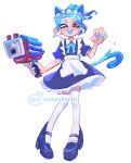  1girl animal_ears apron blue_hair brown_eyes cat_ears cat_tail clash_blaster_(splatoon) commentary commission dress english_commentary frilled_dress frills gun high_heels highres holding holding_gun holding_weapon looking_at_viewer maid_apron maid_headdress octoling octoling_girl octoling_player_character one_eye_closed open_mouth paw_pose short_hair simple_background smile solo splatoon_(series) splatoon_3 tail teeth tentacle_hair thick_eyebrows thighhighs tokkibada upper_teeth_only watermark weapon white_background white_thighhighs 