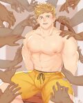  6+boys abs absurdres artist_name bara blonde_hair chair commission dark-skinned_male dark_skin granblue_fantasy green_eyes highres large_pectorals male_focus male_swimwear multiple_boys muscular muscular_male navel nipples official_alternate_costume open_mouth pectorals rapbitan short_hair simple_background sitting solo_focus thick_thighs thighs topless_male vane_(granblue_fantasy) vane_(summer)_(granblue_fantasy) yaoi yellow_male_swimwear 