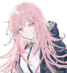  1girl alternate_hair_length alternate_hairstyle black_jacket black_shirt brown_hair danganronpa_(series) danganronpa_2:_goodbye_despair dress_shirt flipped_hair jacket long_hair nanami_chiaki neck_ribbon nokoru_sora open_clothes open_jacket pink_eyes pink_ribbon revision ribbon shirt simple_background solo spaceship_hair_ornament white_background white_shirt 