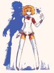  1girl aegis_(persona) blonde_hair blue_eyes bow bowtie commentary full_body hairband heterochromia highres joints looking_at_viewer myoshell persona persona_3 red_bow red_bowtie red_eyes robot_girl robot_joints shadow short_hair solo standing v-shaped_eyebrows 