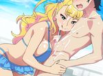  1girl bare_arms bare_shoulders bikini blonde_hair blue_bikini blue_eyes blush breast_press breasts censored clothed_female_nude_male cum cum_on_breasts cum_on_hair cum_on_upper_body eyebrows eyebrows_visible_through_hair facial gyaru-ko highres large_breasts legs long_hair looking_down makeup mosaic_censoring naughty_face open_mouth oshiete!_gyaru-ko-chan outdoors paizuri penis silver_meteor sky smile solo_focus standing sweat swimsuit thighs 