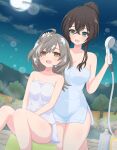  2girls :d absurdres ahoge aqua_eyes assault_lily bare_arms bare_shoulders barefoot bath_stool breasts brown_hair cleavage cloud collarbone commentary crossed_bangs dutch_angle full_moon grey_hair hair_between_eyes hair_bun hand_on_lap hands_up haniwa_(kiminozorazio) highres holding holding_shower_head kneeling large_breasts light_blush long_hair looking_ahead looking_at_another medium_breasts moon multicolored_hair multiple_girls naked_towel night official_alternate_costume official_alternate_hairstyle onsen open_mouth outdoors sasaki_ran serizawa_chikaru shampoo_bottle shower_head sidelocks single_hair_bun sitting smile soap stool streaked_hair teeth towel tree upper_teeth_only washing_another washing_hair wet wet_hair yellow_eyes 