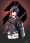  androgynous armor arms_at_sides artist_name belt black_gloves blurry blurry_background cape collar cowboy_shot cropped_legs dated destiny_(game) electricity genderswap genderswap_(mtf) gloves glowing headpiece highres kuroda_kuwa looking_at_viewer loose_belt neon_trim personification purple_hair red_eyes short_hair siva_(destiny) skolas smile weapon 