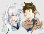  blue_hair brown_hair earrings feather_earrings grin jewelry long_hair male_focus mikleo_(tales) multiple_boys n_8u4 older smile sorey_(tales) tales_of_(series) tales_of_zestiria 