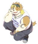 2024 anthro belly bottomwear canid canine canis clothing domestic_dog hisaki_(live_a_hero) kemono konbu lifewonders live_a_hero male mammal one_eye_closed overweight overweight_male pants shirt simple_background solo topwear white_background wink