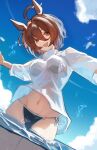  agnes_tachyon_(umamusume) ahoge animal_ears bardaneekaki bikini black_bikini blue_sky breasts brown_hair cloud cloudy_sky earrings hair_between_eyes highres horse_ears horse_girl jewelry long_sleeves looking_at_viewer navel red_eyes shirt short_hair sky smile solo stomach string_bikini swimsuit umamusume water 