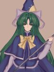  1girl 1hoshimiyabi blue_capelet blue_dress blue_headwear bow capelet commentary dress green_eyes green_hair hand_up highres holding holding_wand long_hair long_sleeves looking_at_viewer mima_(touhou) puffy_sleeves signature smile solo symbol-only_commentary touhou touhou_(pc-98) upper_body wand white_bow white_trim yellow_background yellow_bow 