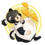  1girl akai_sashimi animal_ears apron artist_name black_dress black_eyes black_footwear black_hair cat_ears cat_girl cat_tail covered_mouth covering_own_mouth dress food fried_horse_mackerel from_side fruit full_body hand_to_own_mouth hand_up lemon lemon_slice long_sleeves mary_janes original pantyhose shoes short_ponytail sidelocks sleeve_cuffs solo tail tempura white_apron white_background white_pantyhose 
