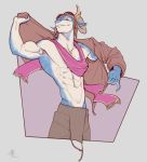  abs anthro biceps blue_skin clothed clothing curved_horn dragon dressing falcon_mccooper goggle horn male muscular muscular_male partially_clothed pecs simple_background smile solo standing tan_skin taran_fiddler 