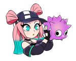  black_choker black_eyeliner black_gloves black_headwear black_jacket blue_eyeshadow choker creature expressionless eyeliner eyeshadow foamstars gloves green_eyes holding holding_creature jacket makeup multicolored_hair pink_hair soa_(foamstars) spikes spiky_(foamstars) 