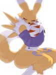 2024 ambiguous_gender anthro arm_tuft bandai_namco countershade_torso countershading digimon digimon_(species) egg eyes_closed fur fur_markings hi_res holding_egg holding_object kame_3 markings navel nude renamon shoulder_tuft simple_background solo tail tuft white_background yellow_body yellow_fur