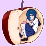  1girl apple apple_slice aqua_eyes blue_hair blue_sailor_collar blue_skirt blunt_bangs blunt_ends blush brown_footwear chibikki closed_mouth commentary curled_up dot_mouth english_commentary food fruit full_body hand_on_wall highres kneehighs loafers mini_person minigirl nanako_(chibikki) original outline pixel_art pleated_skirt purple_background sailor_collar school_uniform serafuku shirt shoes short_hair short_sleeves simple_background skirt socks solo white_outline white_shirt white_socks 