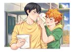  2boys :q ainudraws black_hair blue_eyes blush green_shirt haikyuu!! highres hinata_shouyou holding holding_paper hood hoodie kageyama_tobio male_focus multiple_boys orange_eyes orange_hair paper shirt short_hair smile tongue tongue_out yellow_hoodie yellow_shirt 