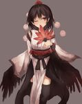  black_hair black_legwear black_wings cowboy_shot detached_sleeves fan grey_background hair_between_eyes hat highres kourindou_tengu_costume leaf_fan one_eye_closed pelvic_curtain pointy_ears pom_pom_(clothes) red_eyes red_hat ribbon_trim sash shameimaru_aya short_hair solo standing thkani tokin_hat touhou wide_sleeves wings 