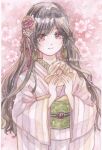  1girl black_hair braid cherry_blossoms closed_mouth doughnut earrings flower food green_sash hair_flower hair_ornament highres holding holding_doughnut holding_food japanese_clothes jewelry kimono long_hair long_sleeves looking_at_viewer nazumi_shiho obi original painting_(medium) pink_background pink_kimono pink_theme red_eyes red_flower red_rose rose sash side_braid sidelocks smile solo standing striped_clothes striped_kimono tassel tassel_earrings traditional_media upper_body watercolor_(medium) wide_sleeves 