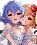  2girls :d ahoge alternate_costume blonde_hair blue_hair blush bow breasts closed_mouth collarbone commentary_request crossed_bangs eyelashes fang fangs flandre_scarlet frilled_shirt frills hair_between_eyes hair_bow hand_on_another&#039;s_arm happy heads_together highres hug kisaragi_koushi looking_at_viewer medium_hair multiple_girls no_headwear off-shoulder_shirt off_shoulder one_eye_closed open_mouth pointy_ears red_bow red_eyes red_nails remilia_scarlet shirt siblings sidelighting simple_background sisters skin_fang small_breasts smile split_mouth touhou tsurime upper_body white_background white_shirt 