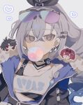  1boy 2girls black_jacket black_ribbon blade_(honkai:_star_rail) bubble_blowing chibi chibi_inset crop_top earrings eyewear_on_head fur-trimmed_jacket fur_trim grey_background hair_ribbon honkai:_star_rail honkai_(series) inagoinaire jacket jewelry kafka_(honkai:_star_rail) looking_to_the_side multiple_girls ribbon shirt silver_wolf_(honkai:_star_rail) solo_focus sunglasses upper_body white_shirt 