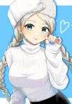  1girl absurdres ahoge alternate_costume ayaca blue_background blue_eyes blue_nails braid breasts commission commissioner_upload fire_emblem fire_emblem_fates fur_hat hat heart highres large_breasts long_hair looking_at_viewer low_twin_braids low_twintails nail_polish nina_(fire_emblem) non-web_source parted_bangs skeb_commission solo sweater tongue tongue_out turtleneck turtleneck_sweater twin_braids twintails upper_body ushanka white_hair white_headwear white_sweater 