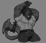 aldebrand_(dynogreeno) angry anthro axe belt black_body black_fur bottomwear clothing dark_body dark_fur dynogreeno ear_piercing fangs felid feline fur hi_res lion male mammal muscular muscular_male open_mouth pantherine pawpads piercing solo tail teeth topwear weapon