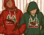  2boys animal_print bear_print brown_eyes brown_hair chengongzi123 christmas closed_mouth commentary dark-skinned_male dark_skin deer_print facial_hair goatee_stubble golden_kamuy green_eyes hands_in_pockets head_tilt highres hood hood_up hoodie koito_otonoshin locked_arms long_sleeves looking_at_viewer male_focus multiple_boys red_hoodie short_hair striped_background stubble symbol-only_commentary tsukishima_hajime upper_body 