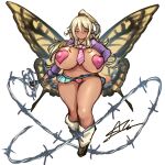  1girl aki_(oekaki_akichan) barbed_wire between_breasts blonde_hair blush breasts butterfly_wings covered_nipples fairy green_eyes gyaru heart_maebari heart_pasties huge_breasts insect_wings leg_warmers long_hair long_pointy_ears maebari microskirt navel necktie necktie_between_breasts one_eye_closed original pasties pink_necktie plump pointy_ears ponytail shortstack shrug_(clothing) signature simple_background skirt solo thick_thighs thighs white_background wide_hips wings 