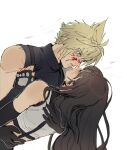  1boy 1girl blonde_hair blood blood_on_face blue_eyes brown_hair clothes_grab cloud_strife couple crop_top crying eye_contact final_fantasy final_fantasy_vii final_fantasy_vii_remake hetero hug long_hair looking_at_another pudelmudel shirt sleeveless sleeveless_turtleneck spiked_hair tank_top tifa_lockhart turtleneck white_shirt 