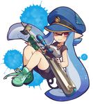  armor bad_id bad_pixiv_id bangs bike_shorts black_shirt black_shorts blue_hair blue_hat blunt_bangs blush conomi-c5 domino_mask e-liter_3k_(splatoon) full_body green_footwear hat highres holding holding_weapon inkling light_smile long_hair looking_at_viewer lying mask on_back paint_splatter peaked_cap pointy_ears red_eyes scope shirt shoes short_sleeves shorts single_vertical_stripe sneakers solo splatoon_(series) splatoon_1 t-shirt tentacle_hair weapon 