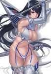  ass_visible_through_thighs black_hair blue_eyes breasts cameltoe cleavage elbow_gloves gloves gtunver highres impossible_clothes junketsu kill_la_kill kiryuuin_satsuki looking_at_viewer navel revealing_clothes scabbard sheath solo stomach sword thigh_gap thighhighs weapon 