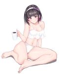  1girl armpit_crease barefoot bikini black_hair bow breasts closed_mouth collarbone colored_inner_hair cup dated eyelashes feet full_body hairband hand_up highres holding holding_cup hori_shin indie_virtual_youtuber large_breasts legs looking_at_viewer medium_hair mole mole_under_eye mug multicolored_hair navel on_ground purple_bow purple_eyes purple_hair sakurako_omal shadow sidelocks signature simple_background sitting skindentation smile solo swimsuit thighs toenails toes virtual_youtuber white_background white_bikini white_hairband 