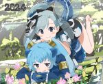  2girls absurdres bare_legs barefoot black_bow blue_eyes blue_gloves blue_hair blue_jacket blue_skirt blush bow camouflage dragon_ears dragon_girl dragon_tail fins fish_girl fish_tail flower frilled_skirt frilled_sleeves frills gloves grey_eyes grey_hair hair_bow head_fins highres iwa_(iwafish) jacket japanese_clothes jinmen-gyo_(kemono_friends) kemono_friends kimono long_hair long_sleeves looking_at_viewer lying mask mask_on_head multiple_girls on_stomach pleated_skirt ponytail print_kimono seiryuu_(kemono_friends) short_hair short_kimono short_sleeves skirt smile tail twintails yukata 