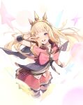  1girl absurdres blonde_hair bow cagliostro_(granblue_fantasy) cropped_legs granblue_fantasy hair_spread_out highres huge_bow long_hair looking_at_viewer open_mouth pink_bow purple_eyes risa_(pixiv23908854) skirt solo star_(symbol) teeth upper_teeth_only v v_over_eye zettai_ryouiki 