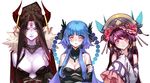  black_hair blue_hair breasts cleavage covering covering_breasts dan_fei demon_girl forehead_jewel fur_trim green_eyes hair_ornament horn_ring horns large_breasts lie_mei_(thunderbolt_fantasy) lilin99jh long_hair looking_at_viewer medium_breasts multiple_girls nail_polish pink_eyes pointy_ears purple_skin thunderbolt_fantasy white_background xing_hai 