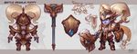  alternate_costume animal_ears armor artist_name blue_eyes buckler character_name concept_art fang gauntlets hammer helmet highres kienan_lafferty league_of_legends multiple_views poppy scarf shield turnaround twintails weapon white_hair 