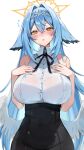  1girl absurdres bare_arms bare_shoulders black_skirt blue_hair blush breasts collared_shirt commentary english_commentary feathered_wings flying_sweatdrops hair_between_eyes hair_intakes halo hand_on_own_chest head_wings high-waist_skirt highres kamila_(yuniiho) large_breasts long_hair looking_at_viewer open_mouth original shirt simple_background skirt solo upper_body white_background white_shirt white_wings wings yellow_eyes yellow_halo yuniiho 