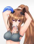  1girl adjusting_hair admire_vega_(umamusume) alternate_costume animal_ears armpits arms_up bare_shoulders blush breasts brown_hair cleavage commentary_request ear_covers grey_sports_bra highres horse_ears horse_girl large_breasts long_hair m172/minatsu mouth_hold ponytail purple_eyes sidelocks simple_background single_ear_cover smile solo sports_bra umamusume upper_body white_background 