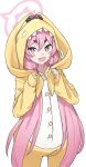  +_+ 1girl animal_costume animal_ear_hood bag_(chrko_bag) blue_archive blush_stickers buttons cowboy_shot fang hair_between_eyes halo highres hood hood_up koyuki_(blue_archive) long_hair pink_eyes pink_hair pink_halo simple_background skin_fang sleeves_past_wrists solo thick_eyebrows twintails very_long_hair white_background 