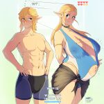 &lt;3 belly big_belly big_breasts blonde_hair blush breasts breath_of_the_wild choker clothed clothing coffeeslice duo female gameplay_mechanics green_eyes growth gui hair hands_on_hips health_bar height_comparison hi_res humanoid humanoid_pointy_ears hylian jewelry larger_female link long_hair male muscular muscular_humanoid muscular_male navel necklace nintendo nipple_outline not_furry outie_navel pregnant pregnant_female pregnant_humanoid princess_zelda shirtless size_difference standing the_legend_of_zelda underwear underwear_only